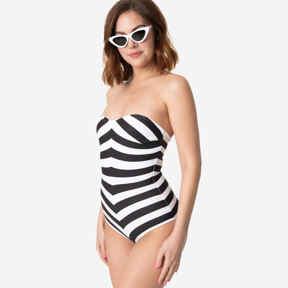 Barbie™ X Unique Vintage Black & White Chevron Stripe One Piece Bathing Suit
